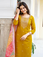 The52 Women's Beautiful Viscose Chanderi Fabric Embroidery Work Straight Kurta Pant and Dupatta Set - Distacart