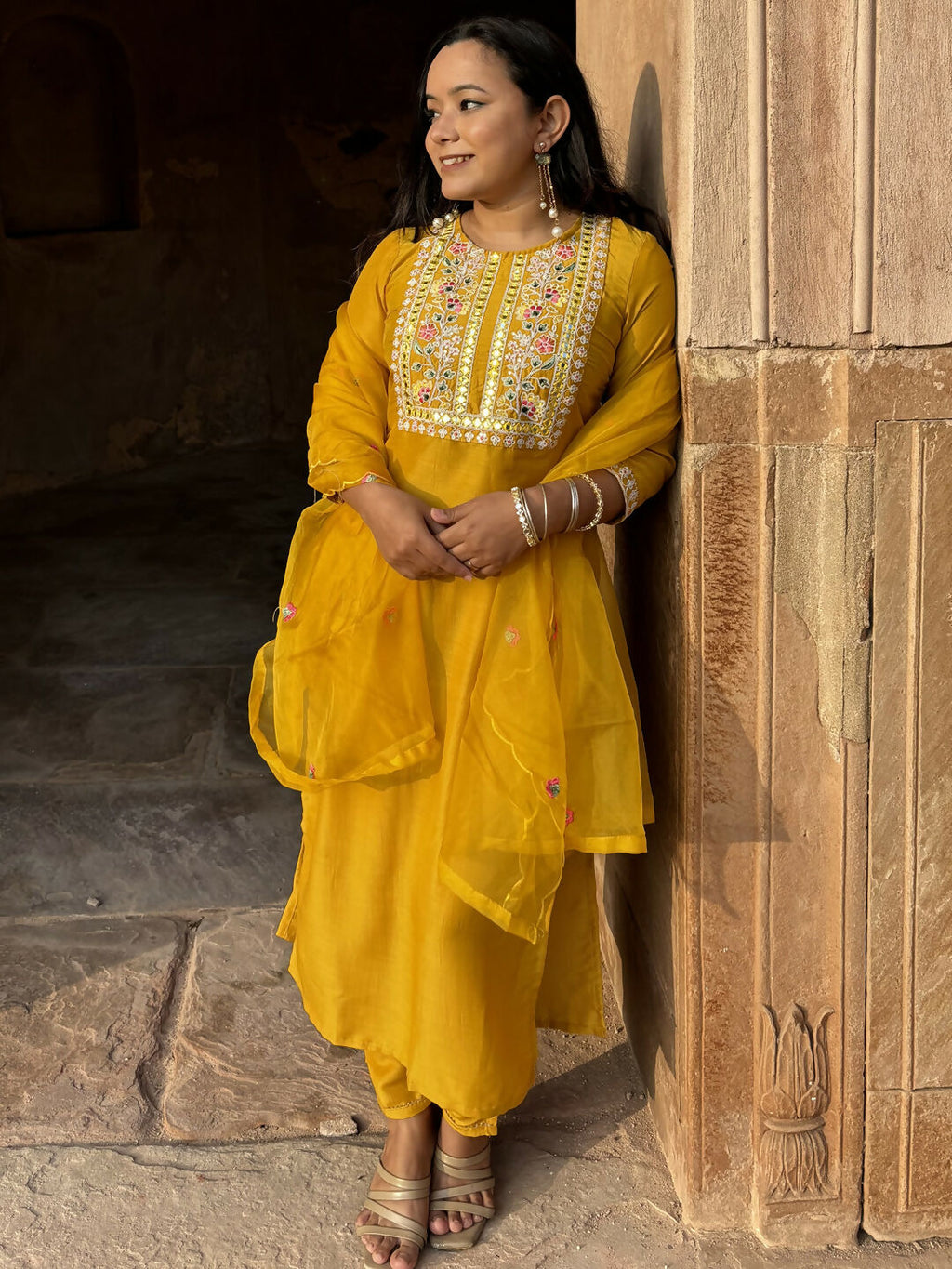 Vellora Mustard Yellow Silk Blend Festive Style Readymade Salwar Suit