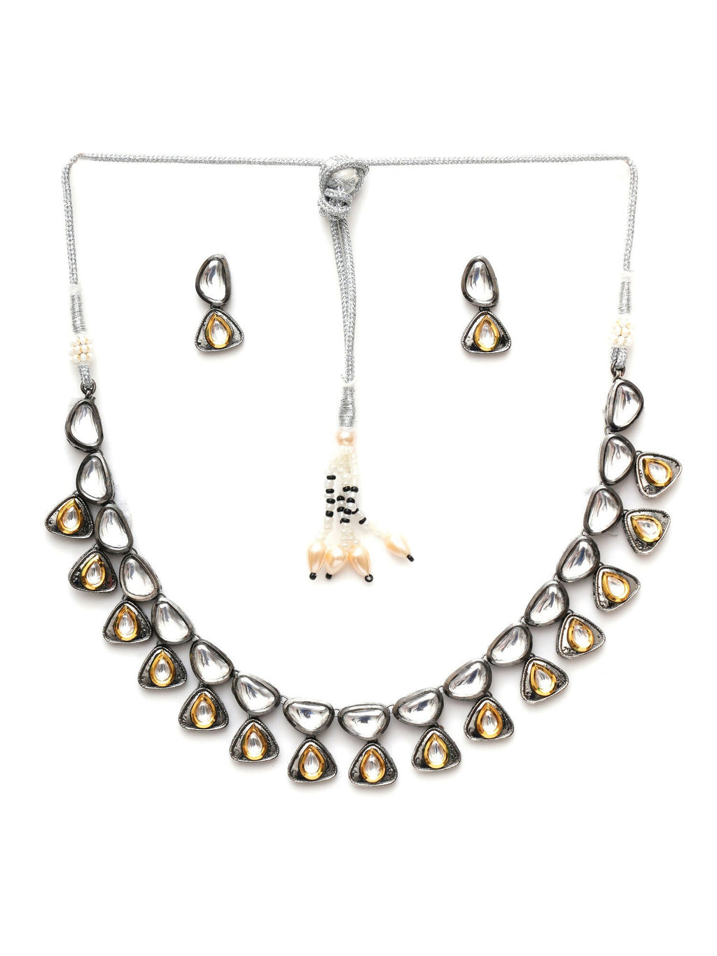 Dual Tone Kundan Neckpiece with Earrings Jewellery Set (silver) - Ruby Raang