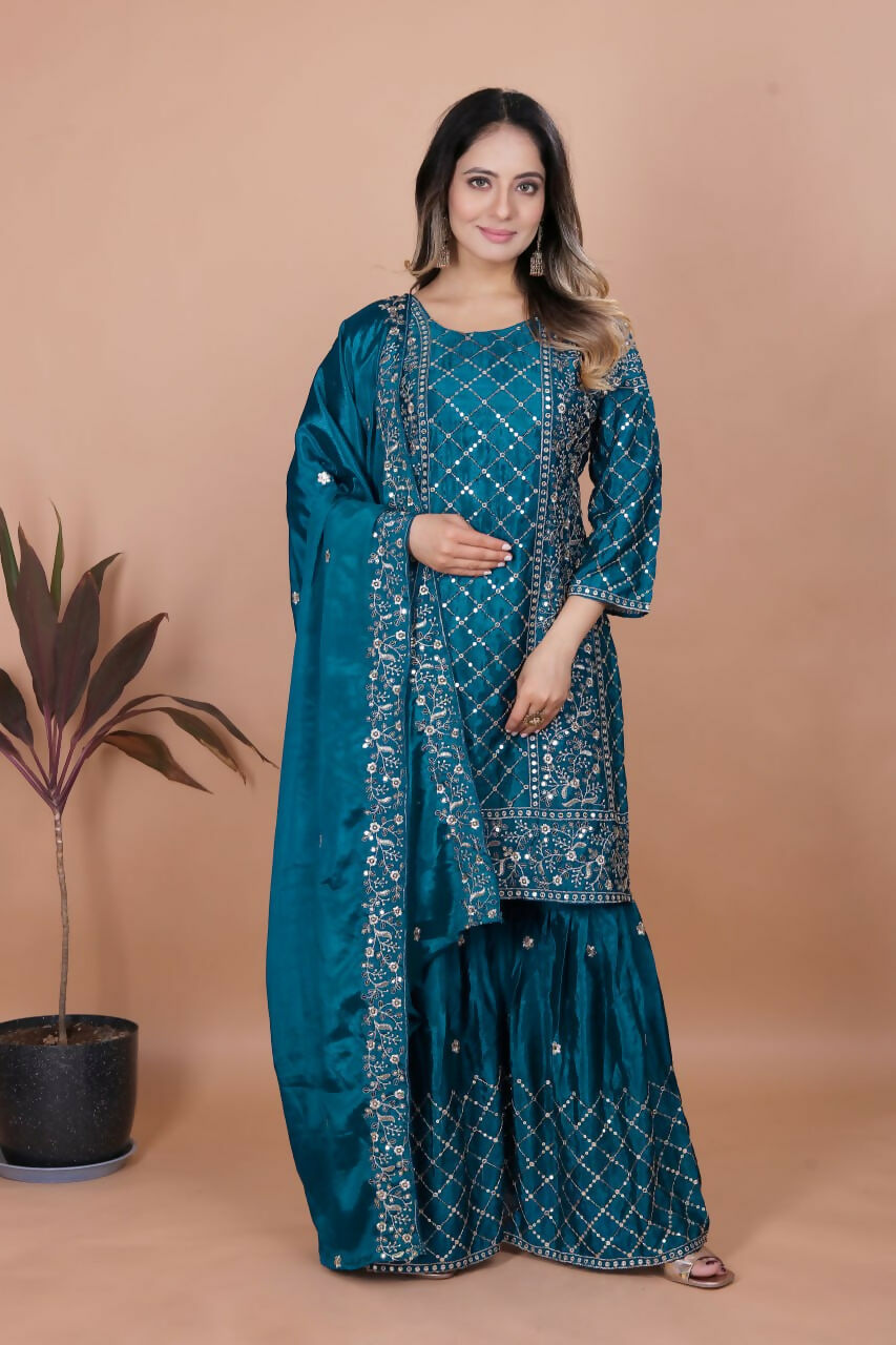 Teeya Creation Teal Color Chinon Silk Embroidery Work Sharara Set - Distacart