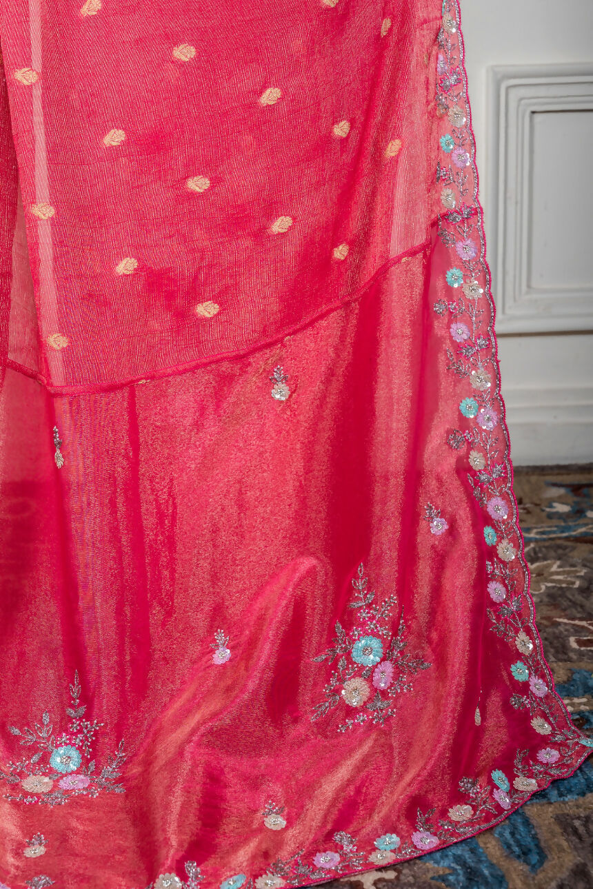 Morchari Pink Pure Chiffon Hand Embroidery Saree And Stitched Blouse - Distacart