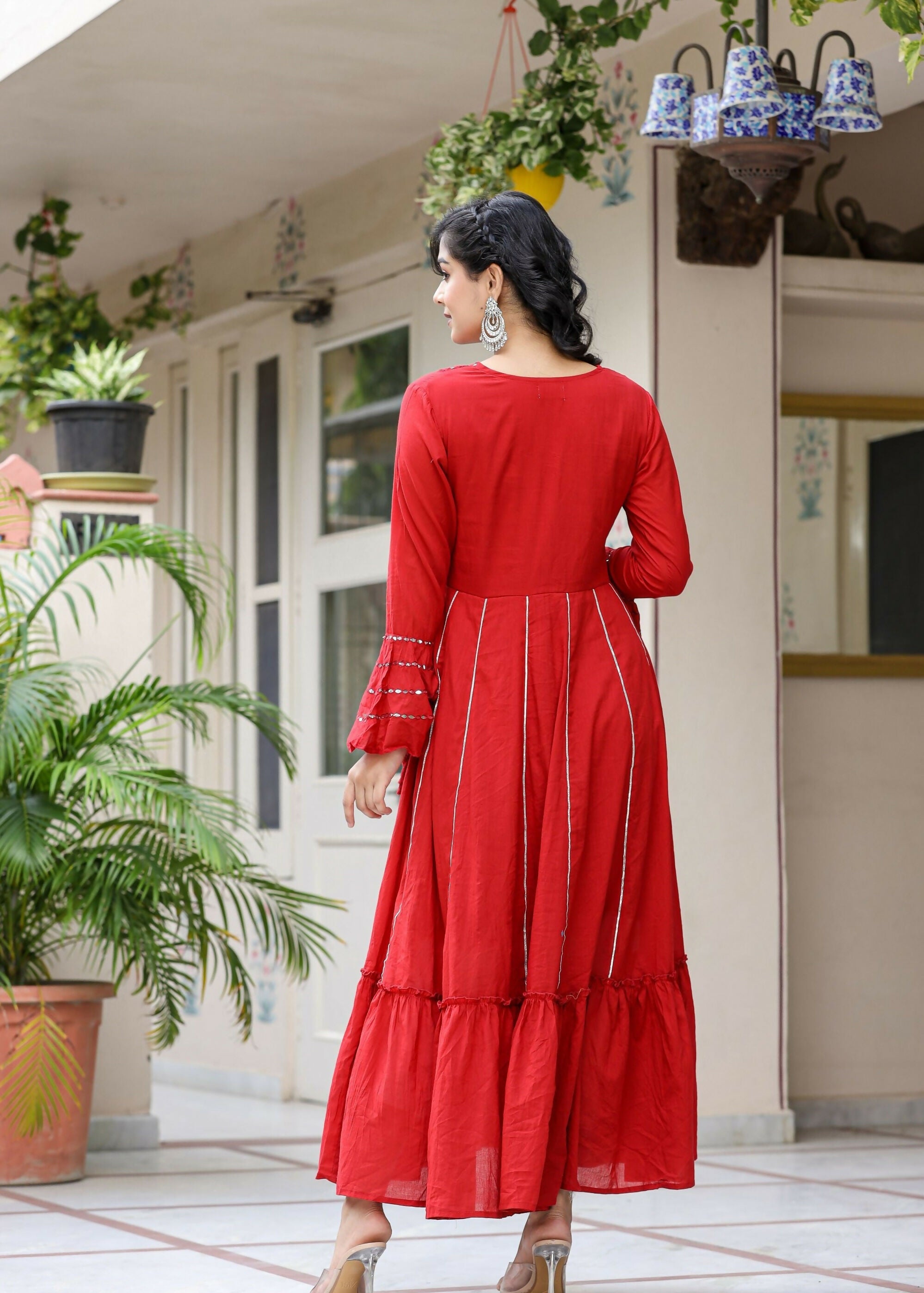 Kaajh Women's Red Mirror Embroidered Cotton Ethnic Dress - Distacart