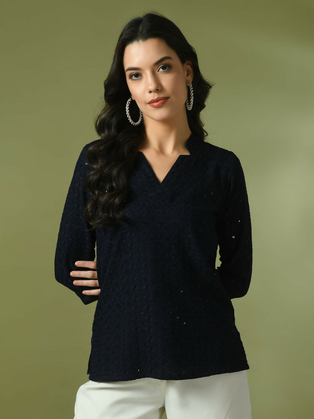 Myshka Women's Navy Blue Embellished Cotton Regular Party Tunic