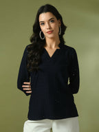 Myshka Women's Navy Blue Embellished Cotton Regular Party Tunic