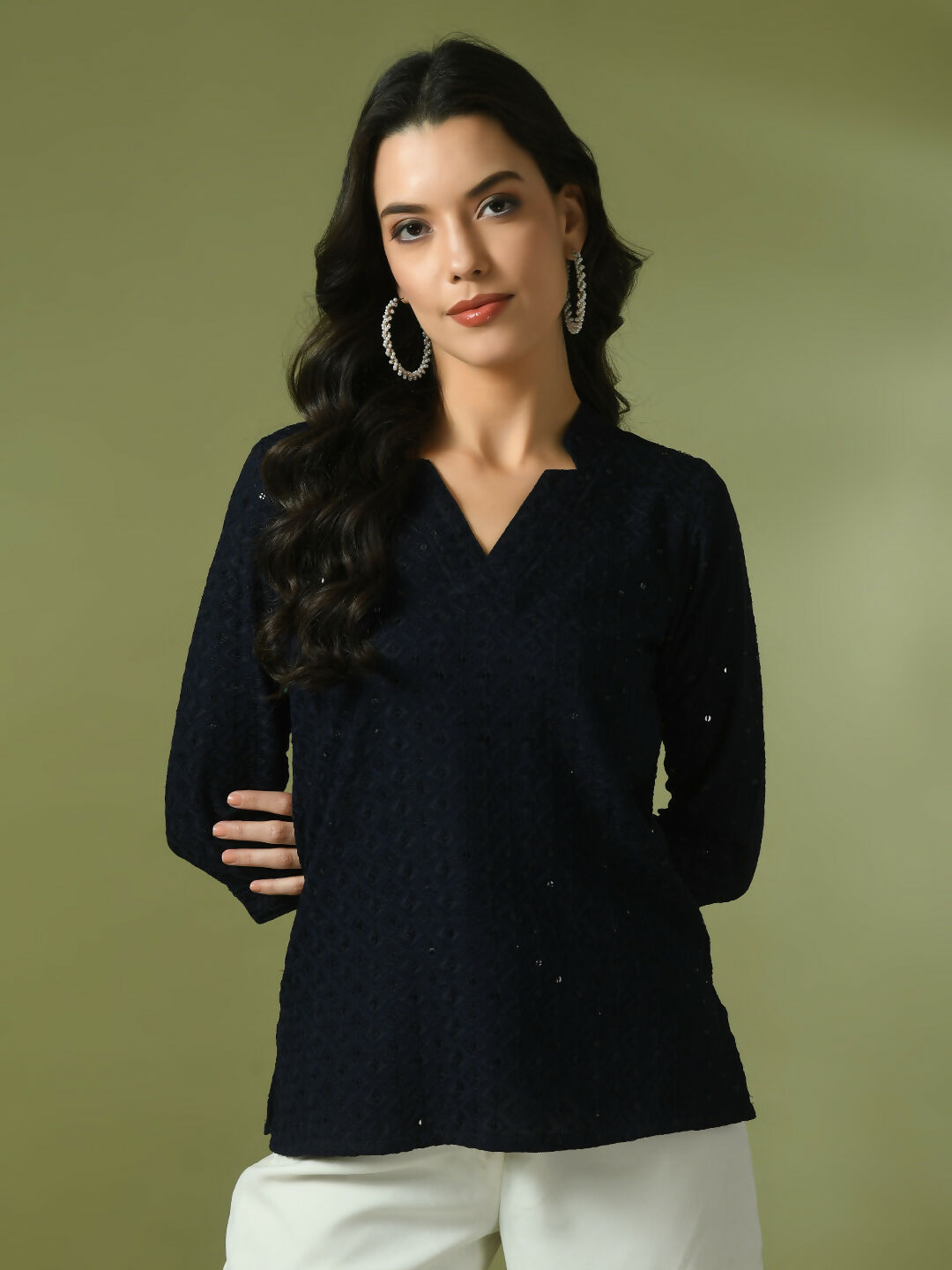 Myshka Women's Navy Blue Embellished Cotton Regular Party Tunic
