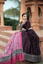 Vastranavya Navaratri Collection Myra Silk Lehenga & Blouse With Maslin Crochet Printed Dupatta Set - Wine