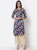 Myshka Silk Printed 3/4 Sleeve Round Neck Casual Blue Women's Kurta