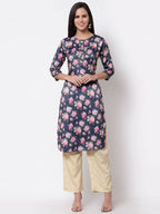 Myshka Silk Printed 3/4 Sleeve Round Neck Casual Blue Women's Kurta