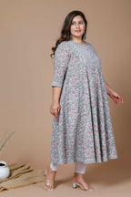 Miravan Women's Plus Size Blue Ethnic Motifs Gotta Patti Pure Cotton Anarkali Kurta