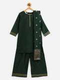 Ahalyaa Dark Green Chanderi Solid Kids Kurta Palazzo Set With Dupatta For Girls