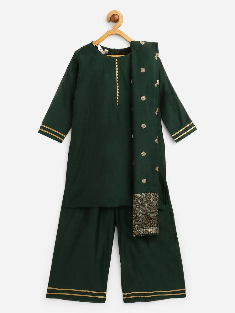 Ahalyaa Dark Green Chanderi Solid Kids Kurta Palazzo Set With Dupatta For Girls