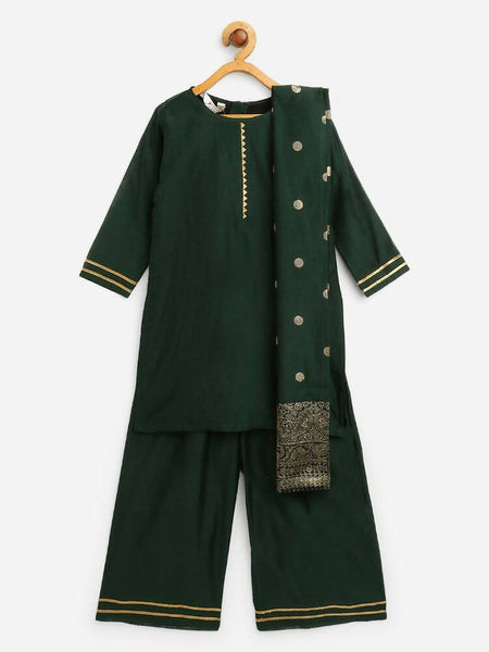 Ahalyaa Dark Green Chanderi Solid Kids Kurta Palazzo Set With Dupatta For Girls