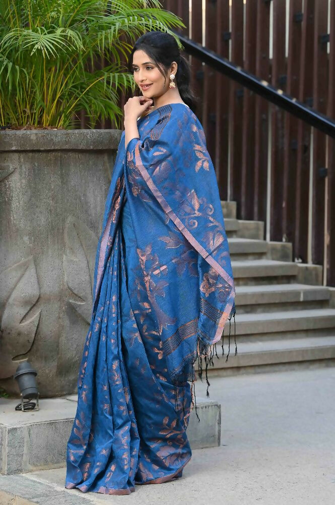 Beatitude Blue Cotton Floral Jamdani Saree