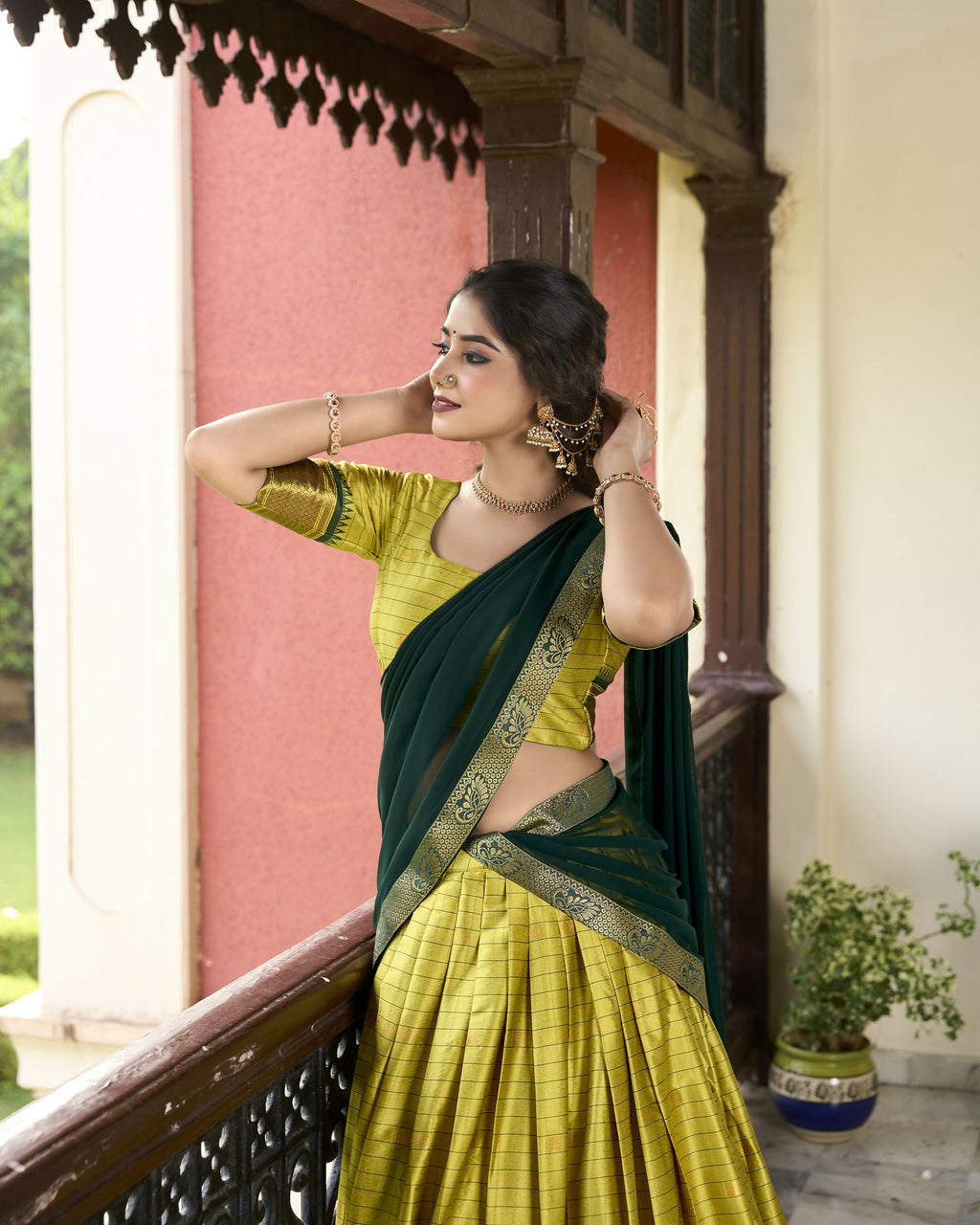 Lorenvalley Parrotgreen Cotton Silk Weaving Work With Paithani Concept Lehenga Choli