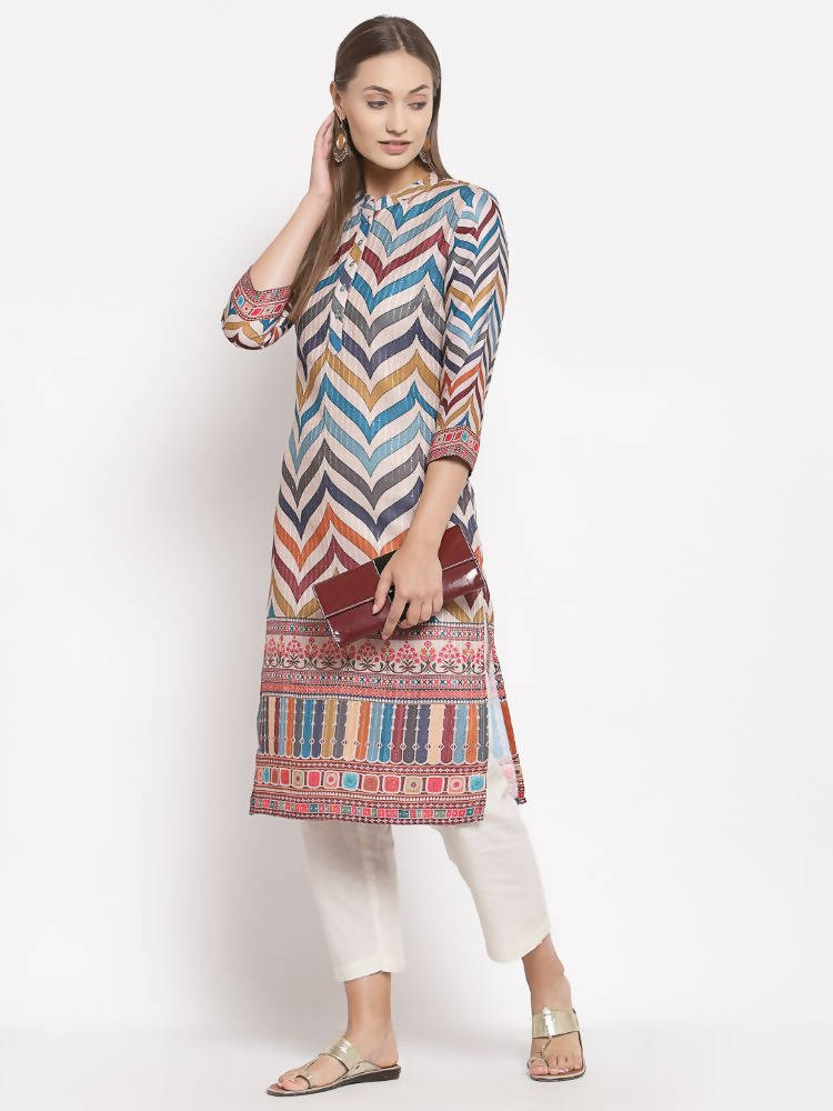 Myshka Women's Multi Silk Printed 3/4 Sleeve Round Neck Casual Kurta