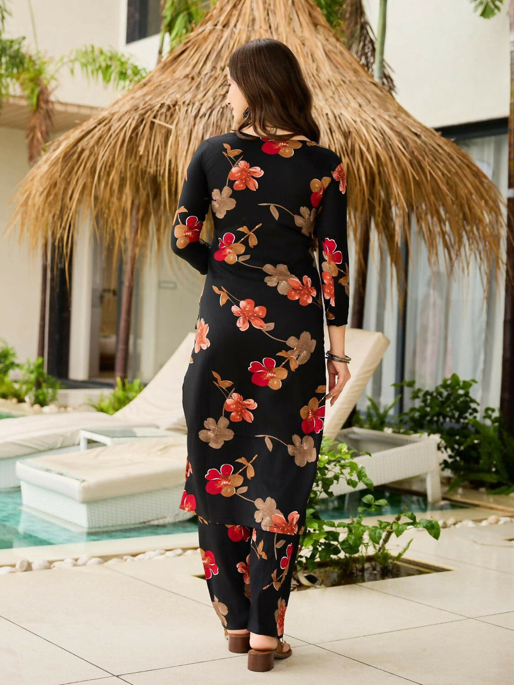 The52 Black Women's Gorgeous Printed Silk Blend Fabric Straight Kurta, Pant and Dupatta Set - Distacart