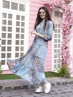Light Blue Crepe Foil Printed Long Dress - Michan - Distacart