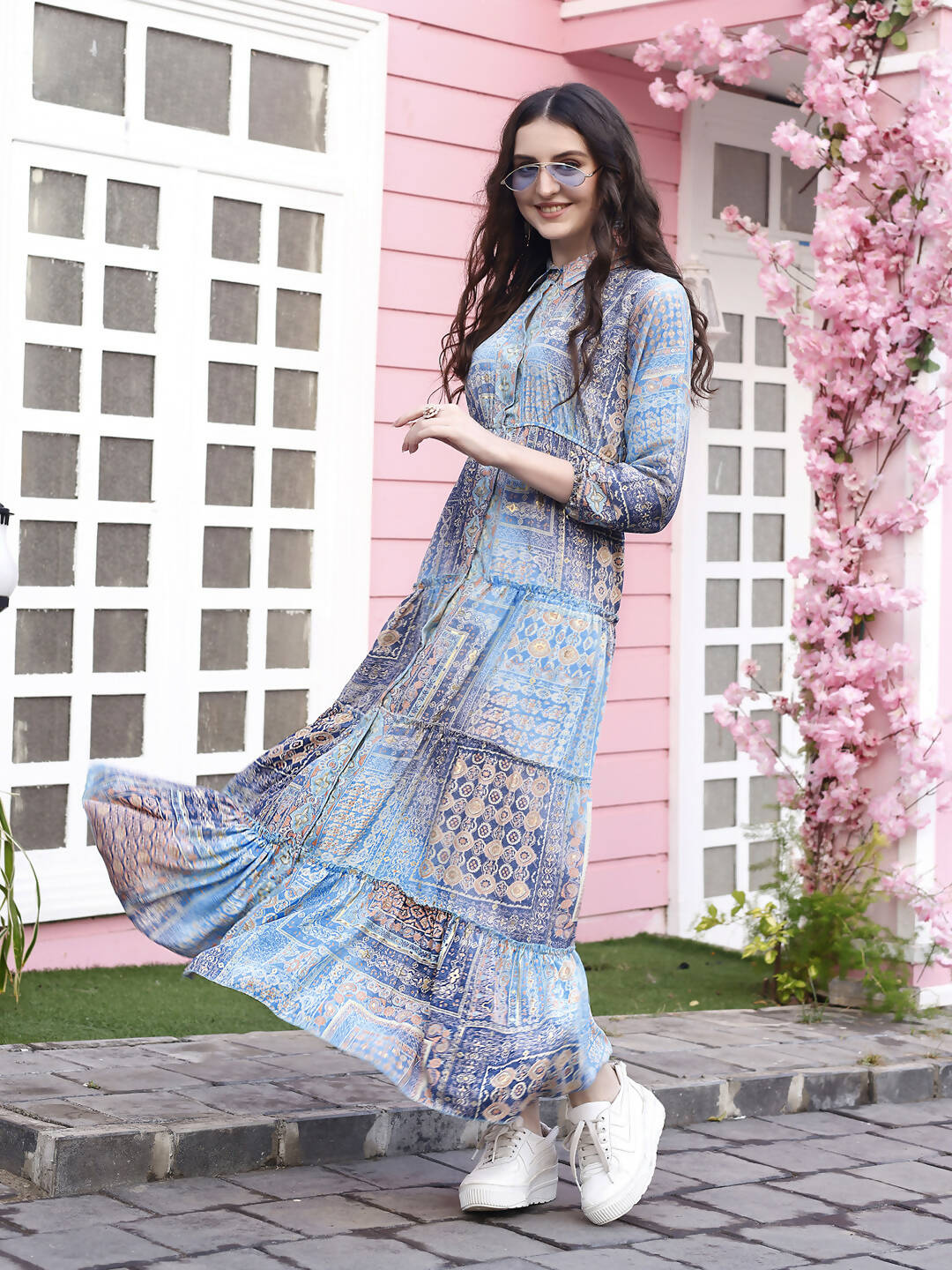 Light Blue Crepe Foil Printed Long Dress - Michan - Distacart