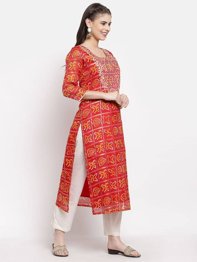 Myshka Women's Red Cotton Printed 3/4 Sleeve Square Neck Casual Kurta