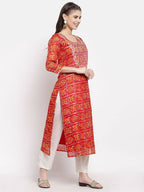 Myshka Women's Red Cotton Printed 3/4 Sleeve Square Neck Casual Kurta