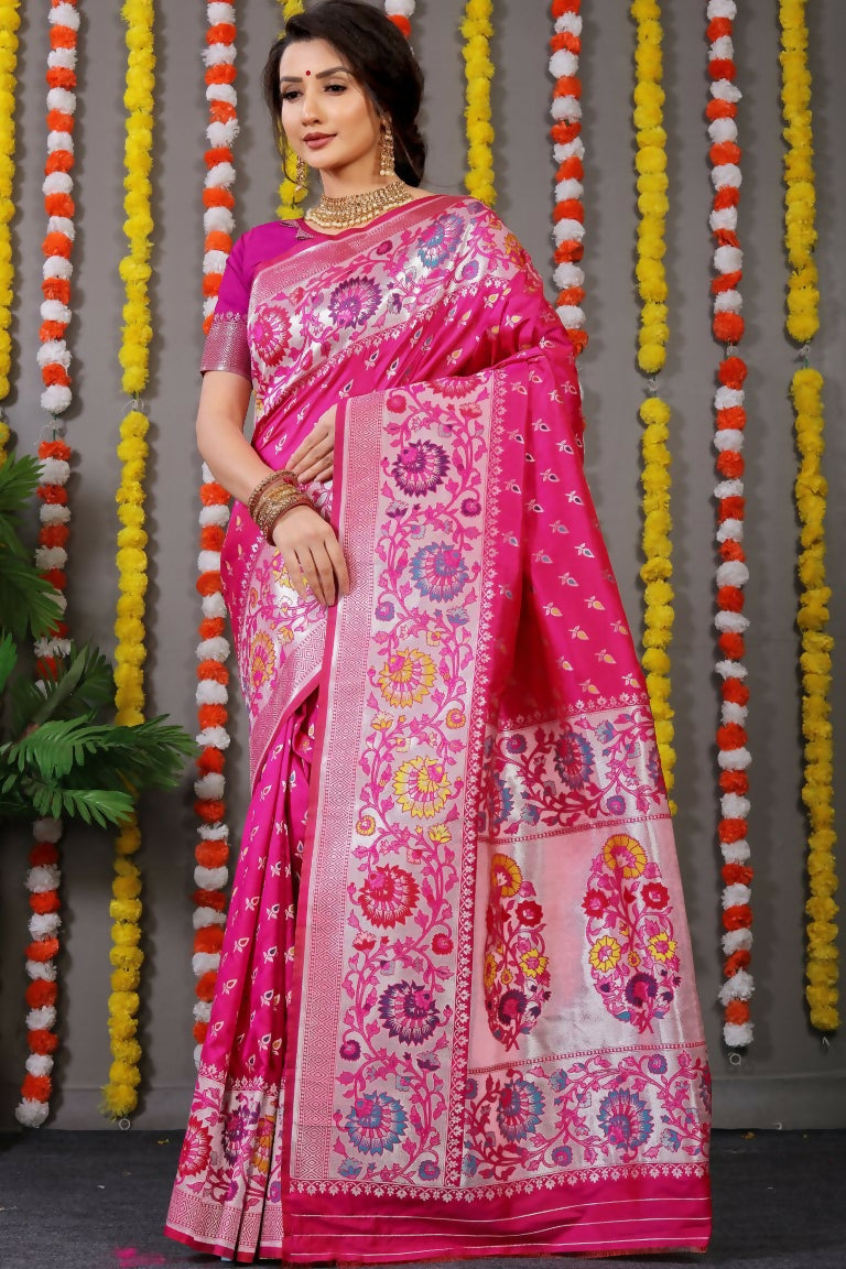 Jyoti Fashion Women's Rani Pink Banarasi Silk Zari Woven Saree with Blouse