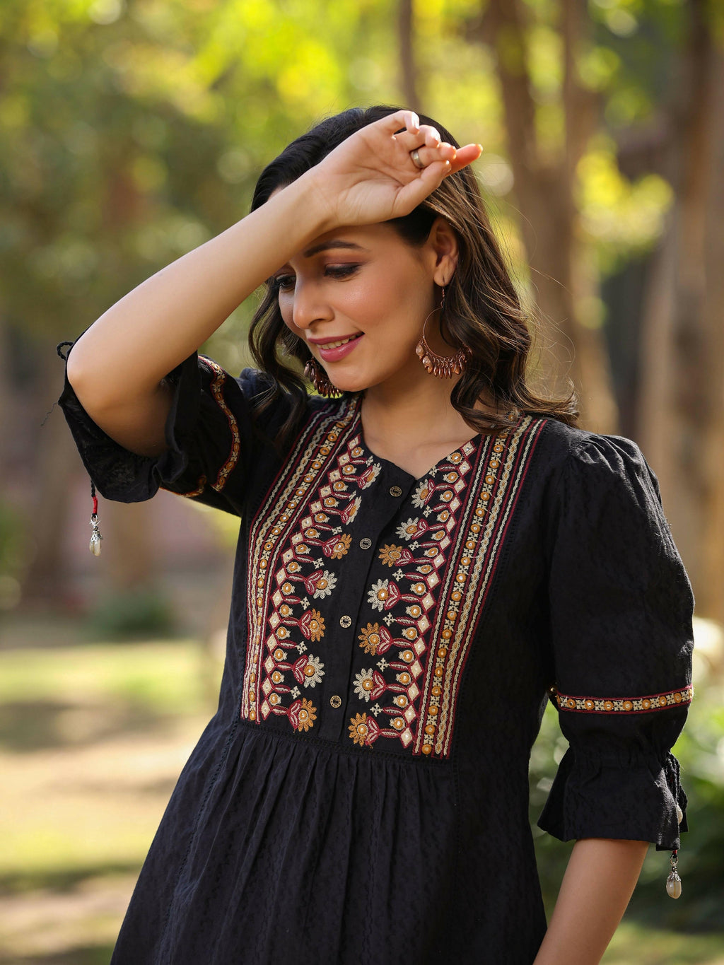Juniper Women's Black Cotton Solid With Embroidered Straight Tunic - Distacart