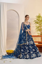 Aastha Fashion More Peach Blue Butterfly Net White Cotton Thread Work And Sequence Work Embroidery Wedding Wear Lehenga Choli