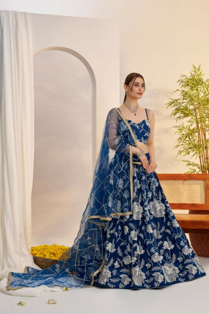 Aastha Fashion More Peach Blue Butterfly Net White Cotton Thread Work And Sequence Work Embroidery Wedding Wear Lehenga Choli