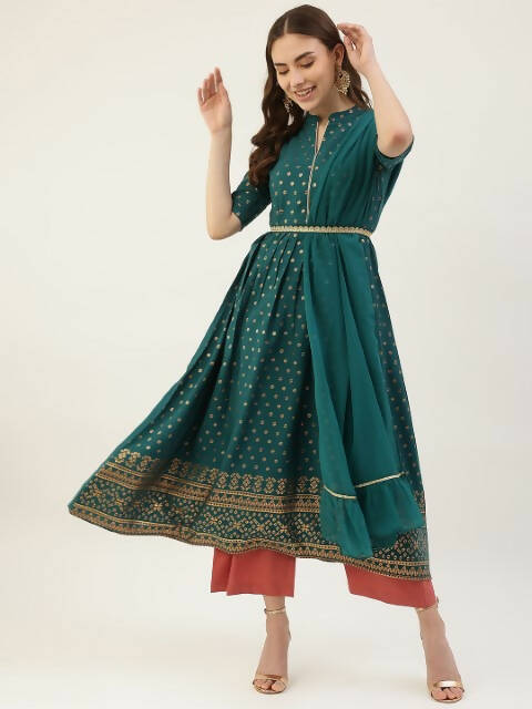 FIORRA Women's Turquise Poly Crepe Flared Kurta With Dupatta