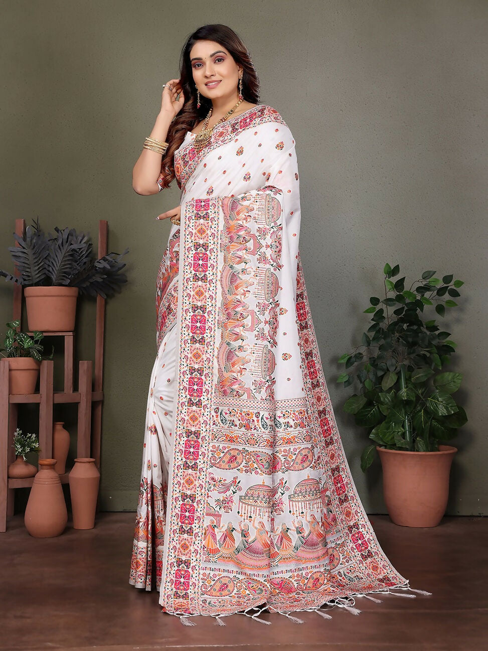 Joban Fashion White Thread Woven Pashmina Sarees