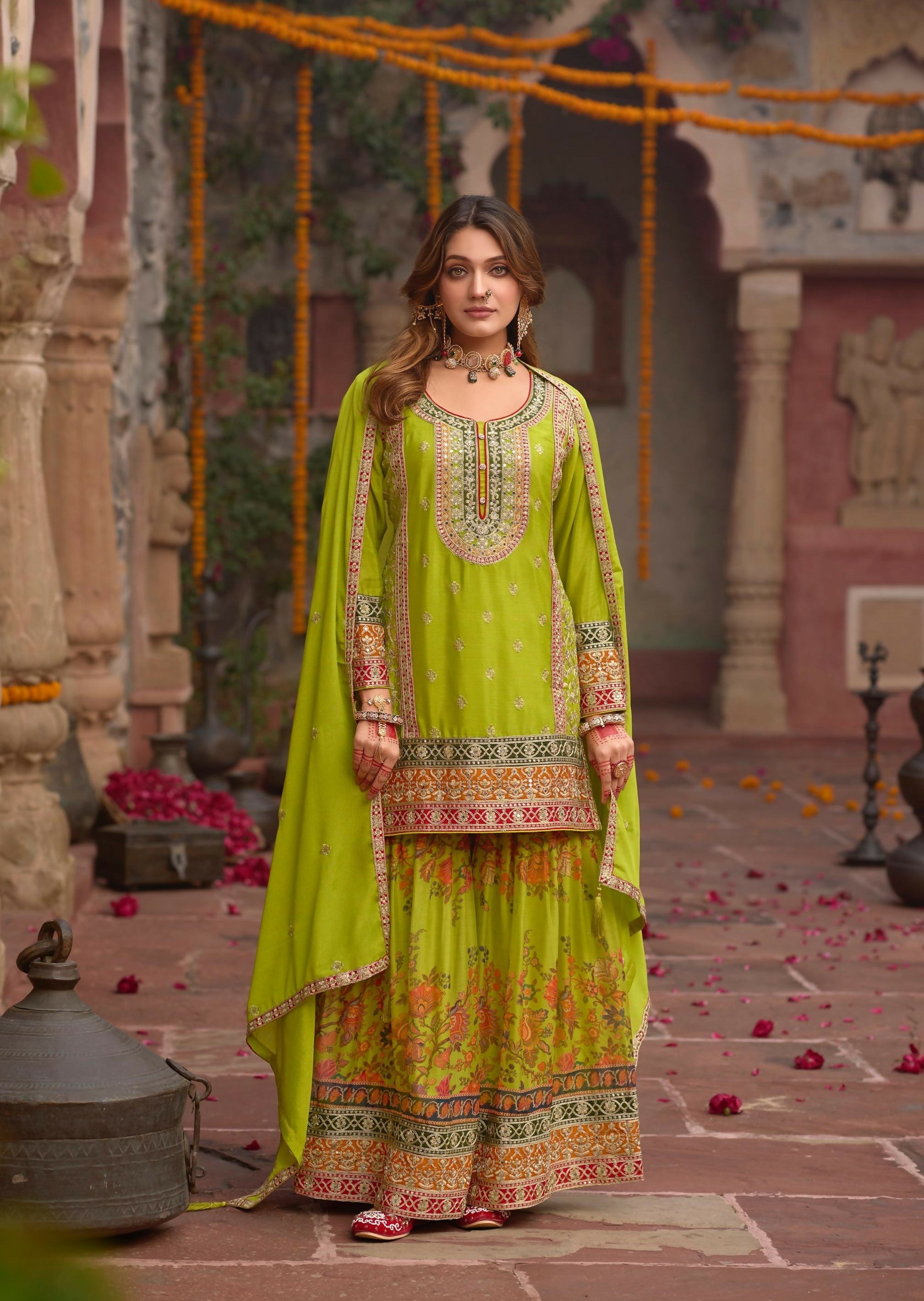 Anaita Parrot-Green Chinon Readymade Palazzo Suit with Codding Dori & Sequence Work - Distacart