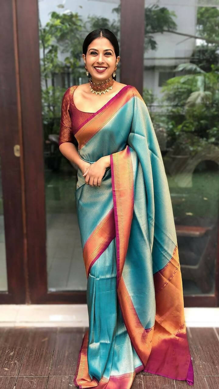 DEIANA'S Beautiful Designer Golden zari Soft Lichi Silk Saree - Sky Blue
