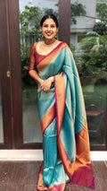 DEIANA'S Beautiful Designer Golden zari Soft Lichi Silk Saree - Sky Blue