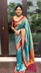 DEIANA'S Beautiful Designer Golden zari Soft Lichi Silk Saree - Sky Blue