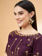Beige, Purple Tussar Silk Zari, Thread And Cord Embroidery, Laser Cut Applique Saree - Norita Hit Design