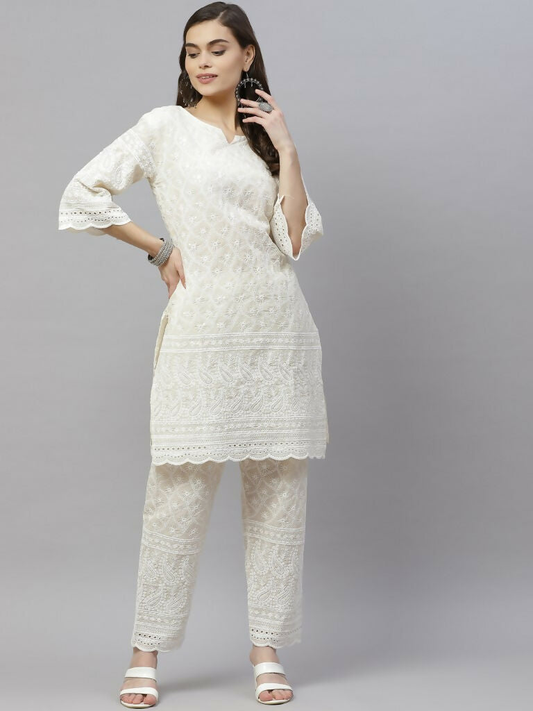 Miravan Women's Cotton Printed Embroidery Straight Kurta And Palazzo