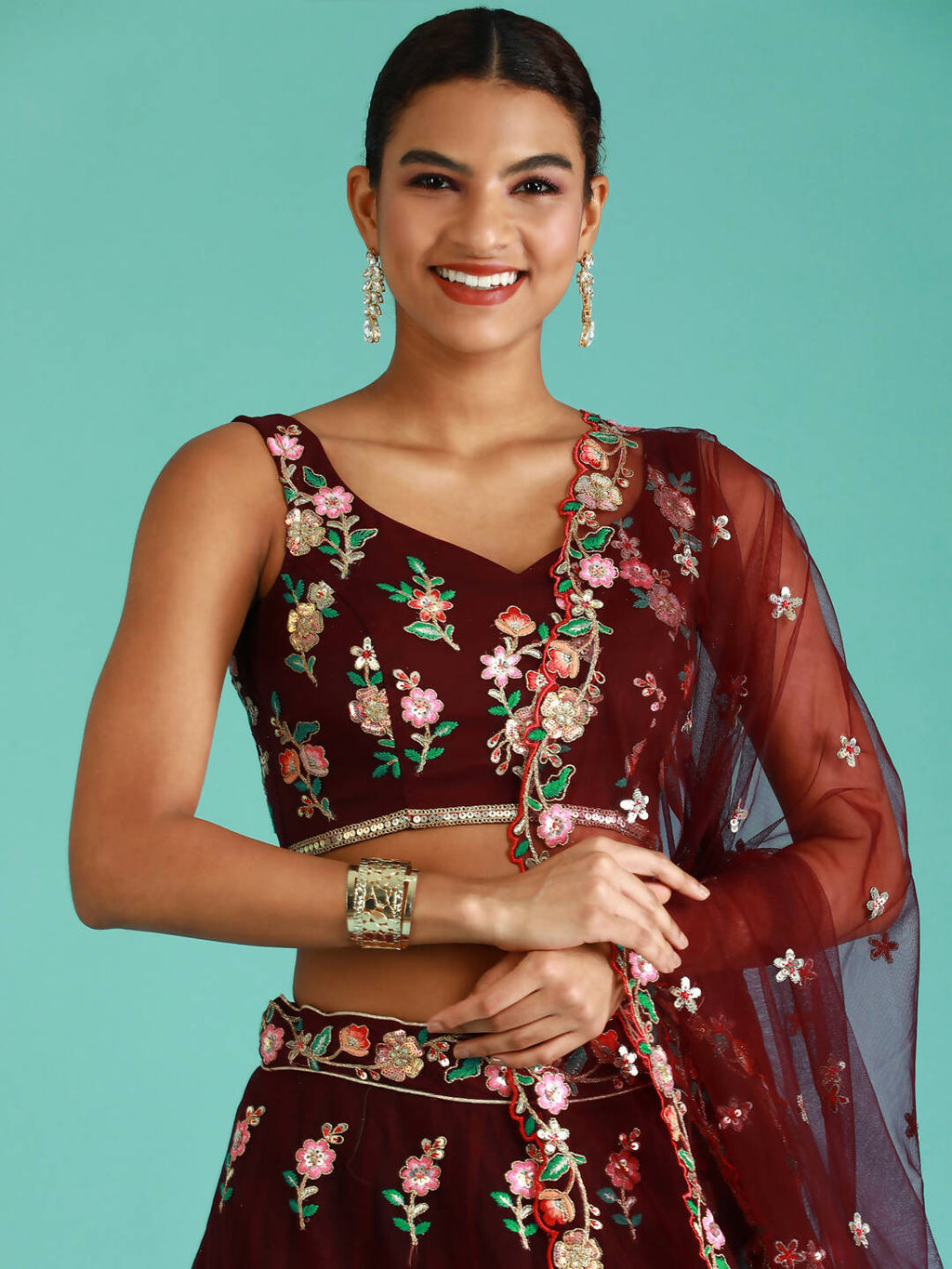 House of Panchhi Burgundy Net Sequinse Work Lehenga & Blouse, Dupatta