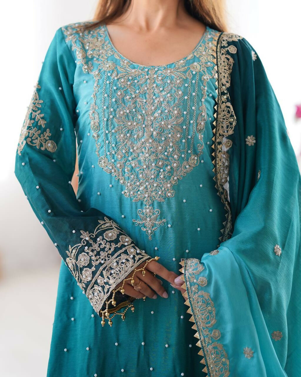 The52 Women's Beautiful Chinon silk Fabric Embroidery Work Straight Kurta Palazzo and Dupatta Set - Distacart