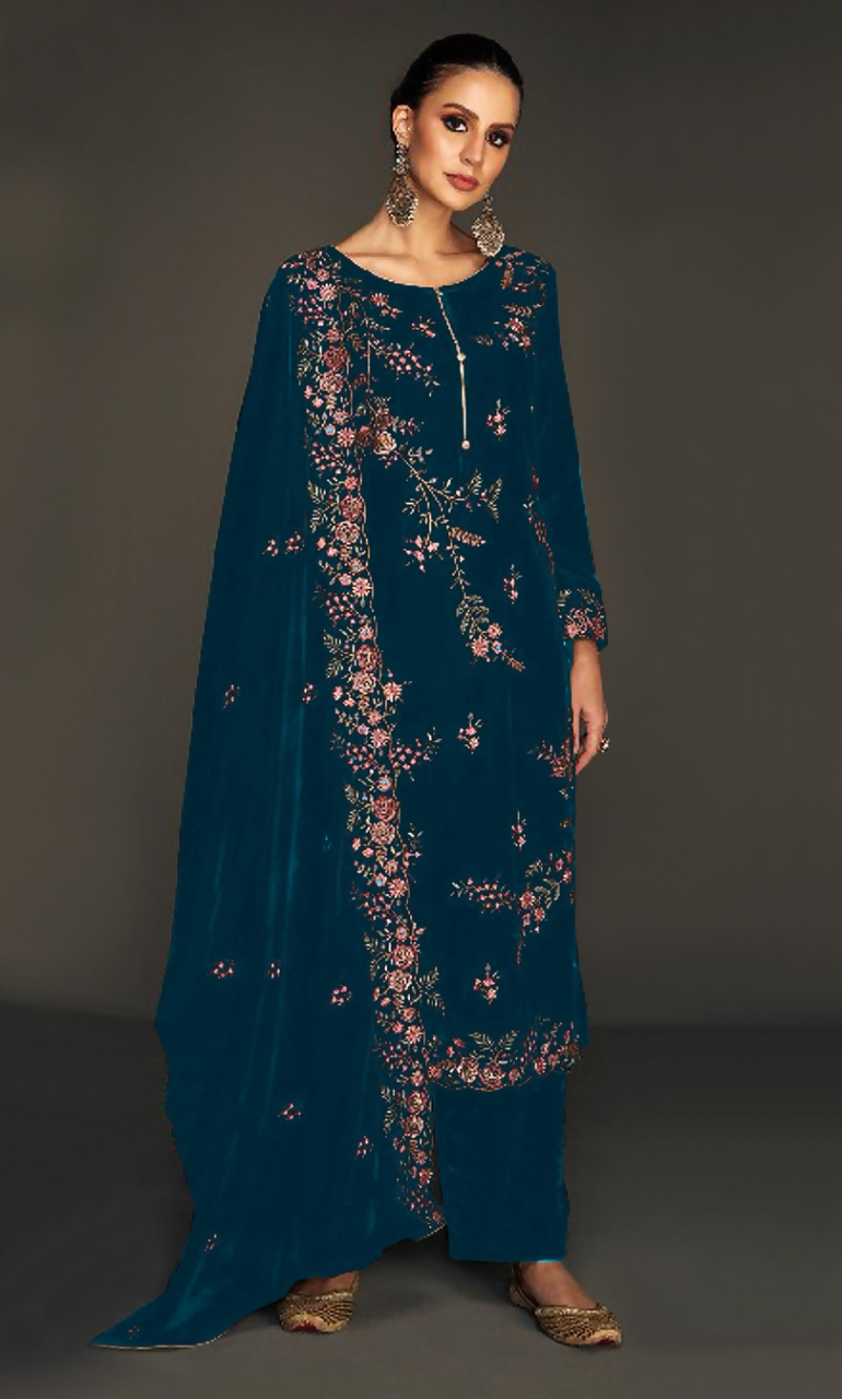 Anaita Teal Pure Velvet Stitched Suit with Heavy Embroidery Sequence Work - Distacart