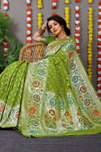 Jyoti Fashion Women's Green Banarasi Silk Zari Woven Saree with Blouse