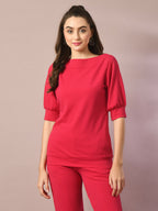 Myshka Women's Pink Solid Boat Neck Party Top