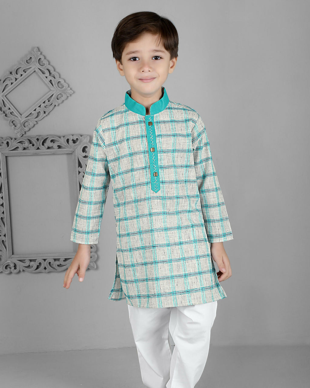 Joban Fashion Kids Island Cotton Full Sleeves Striped Kurta and Pyjama- Teal Blue - Distacart