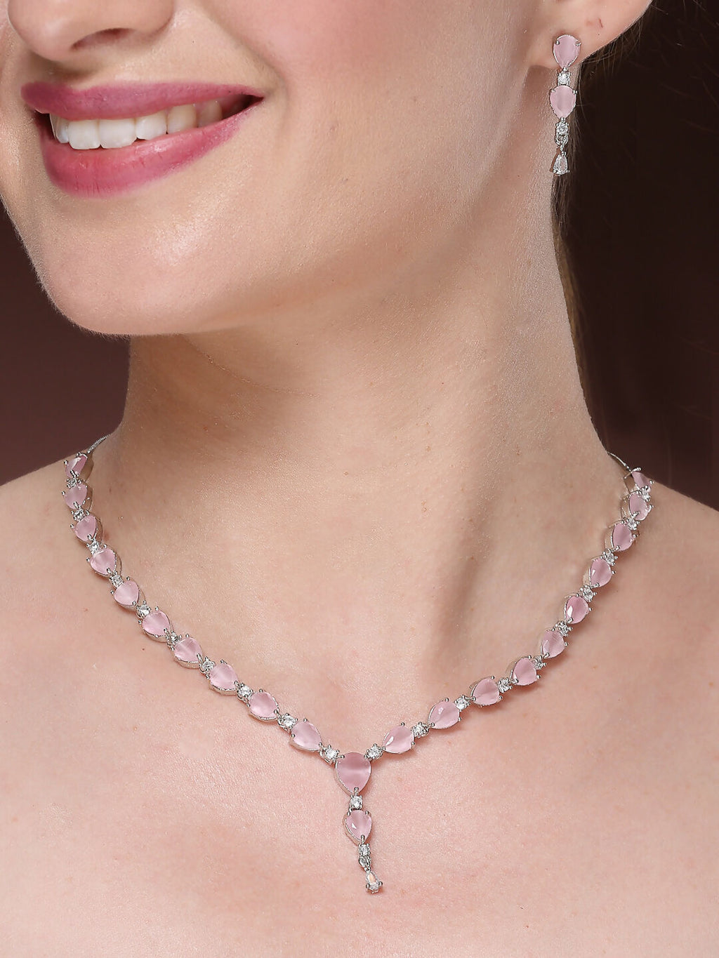 NVR Women's Silver-Plated Pink CZ-Studded Handcrafted Jewellery Set