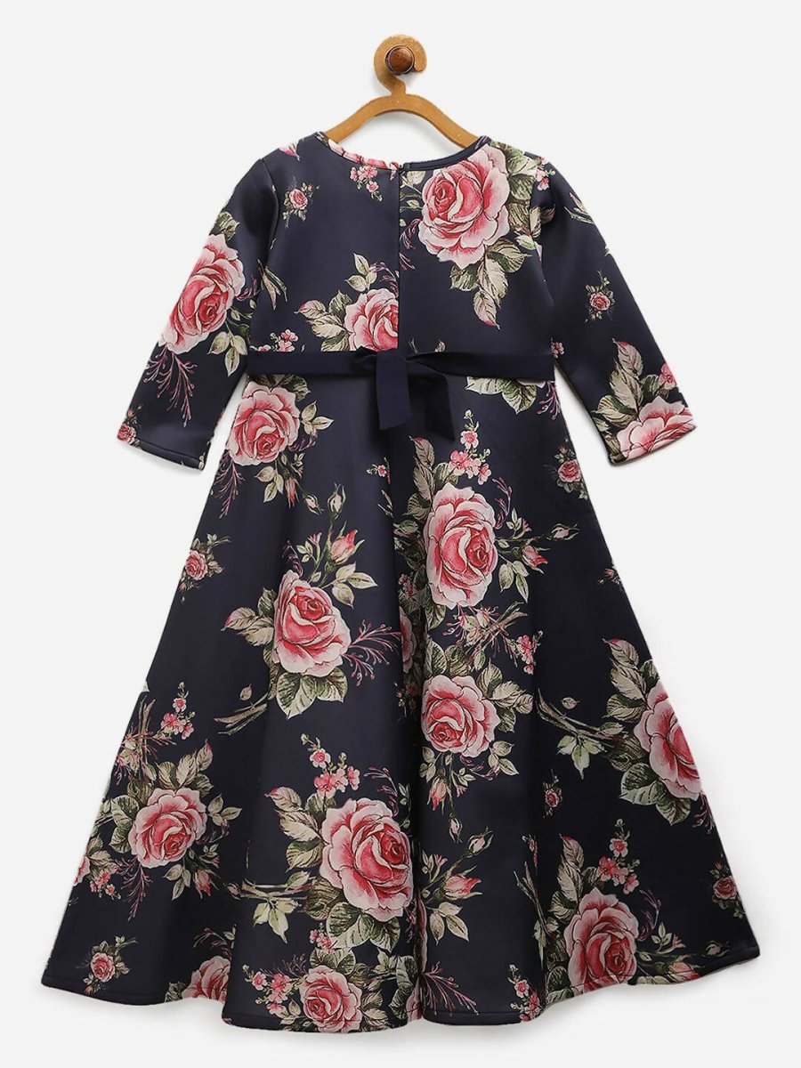 Ahalyaa Navy Blue Digital Print Floral Kids Dress For Girls