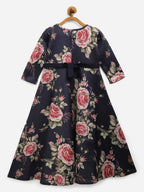 Ahalyaa Navy Blue Digital Print Floral Kids Dress For Girls