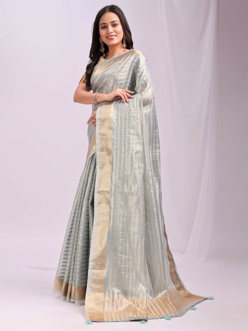 Shree Shyam Fashion Organza Sky Blue Saree - Distacart