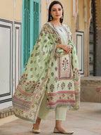 Juniper Women's Lime Green Cambric Floral Placement Printed Straight Fit Kurta Sets - Distacart