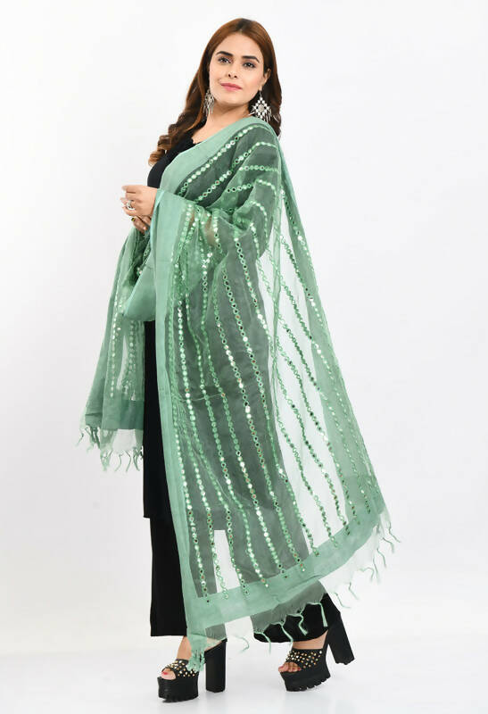 Mominos Fashion Moeza Women's Orgenza Mirror Stripe Thread Work Pista Green Dupatta - Distacart