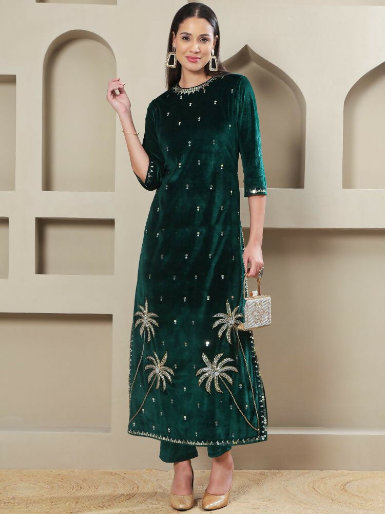 Joban Fashion Women Green Velvet Hand Embellishment Stitched Kurta Set - Distacart