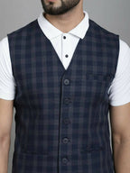 Even Apparels Checked Waistcoat With Welt Pockets - Navy Blue